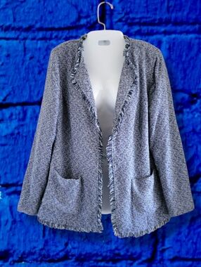 Chico's | Blue Tweed Fringe Knit Open Front Blazer Jacket (SIZE M)